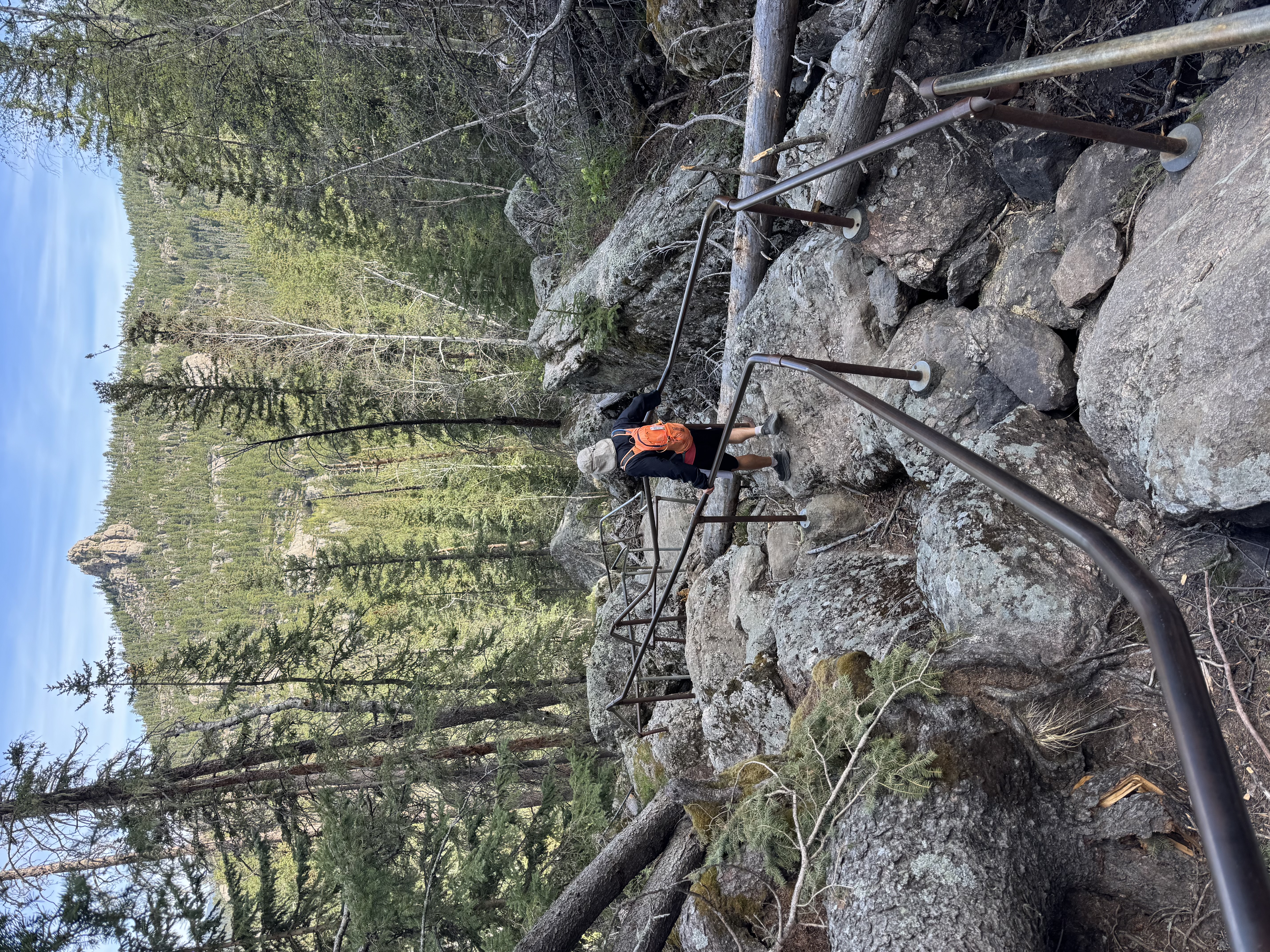 Metal handrails on a steep section of the Sunday Gulch Trail in the Black Hills